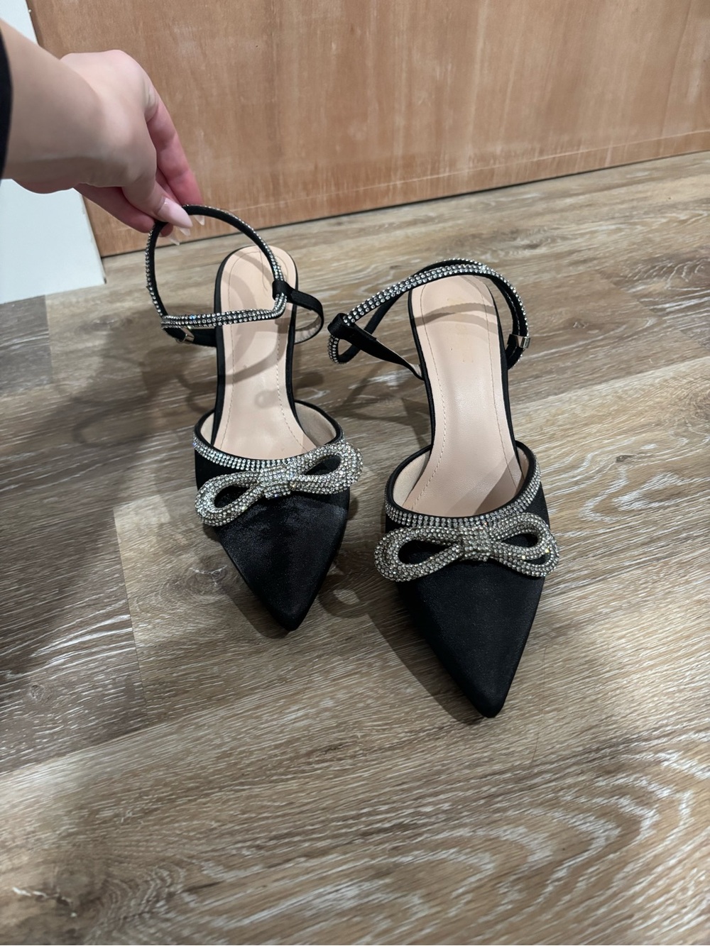 Black Pointed Toe Slingback Heels with Crystal Bow